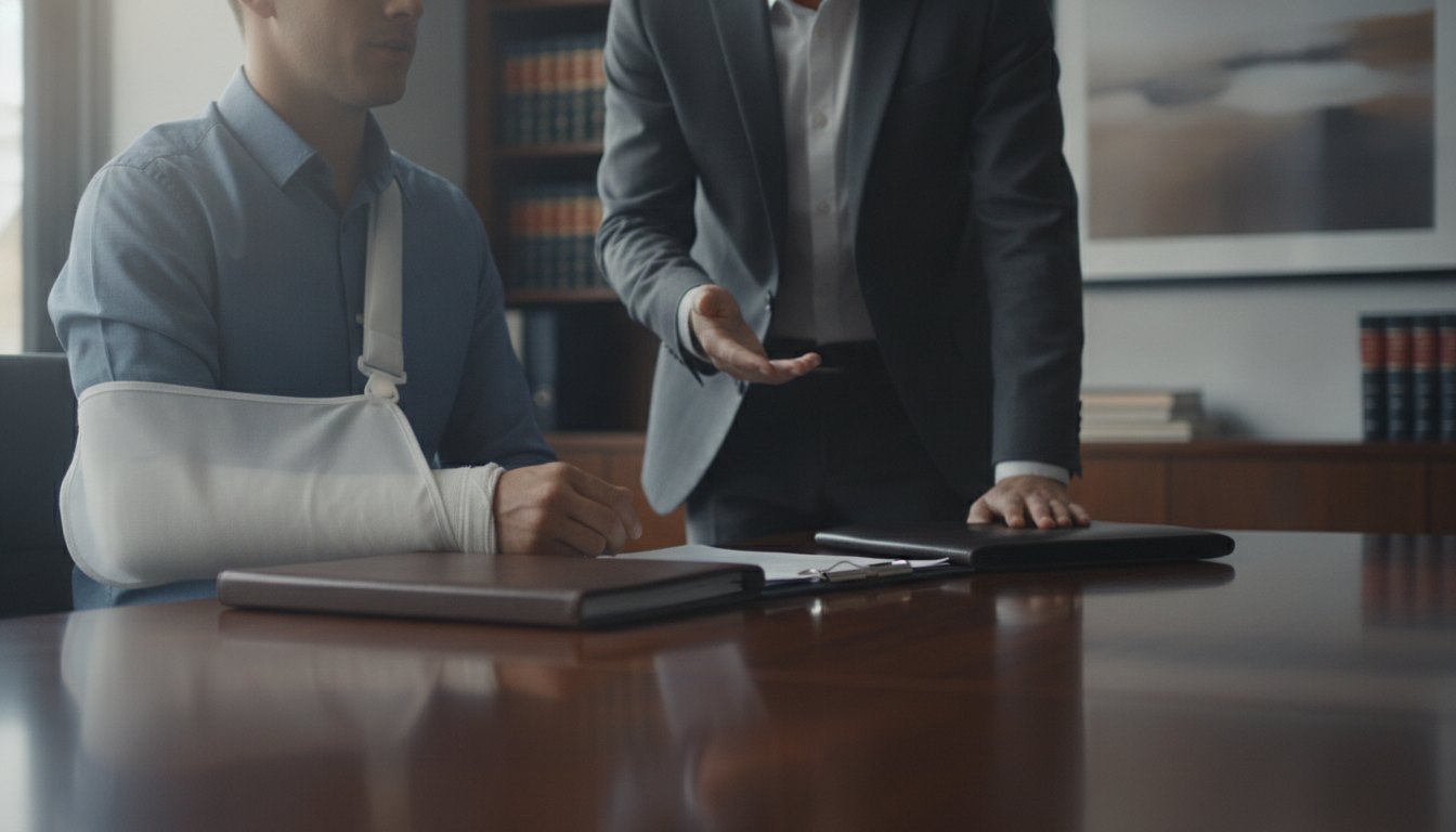 Trabalhador com o braço imobilizado conversando com um profissional em uma mesa de escritório.