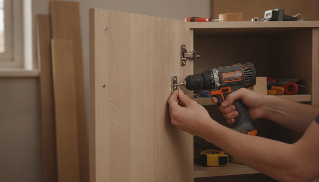 Homem segurando uma furadeira enquanto ajusta a dobradiça da porta de um armário de madeira.