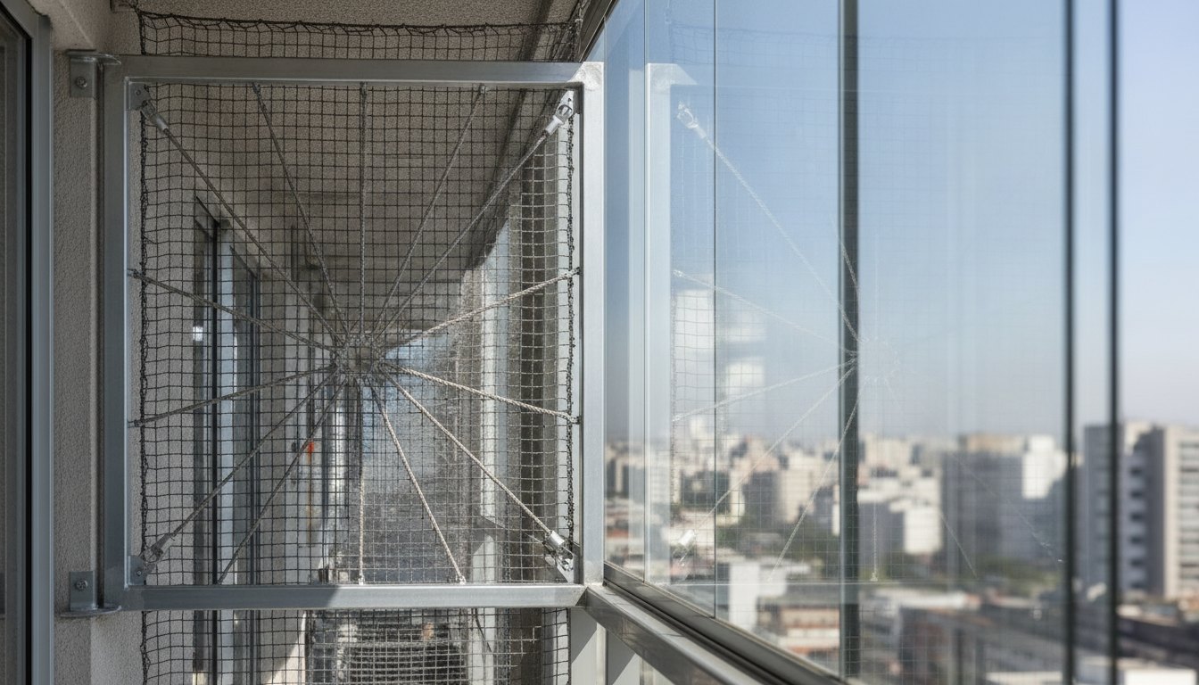 Estrutura metálica auxiliar fixada em varanda envidraçada para suportar cordas tensionadas de uma malha sintética.