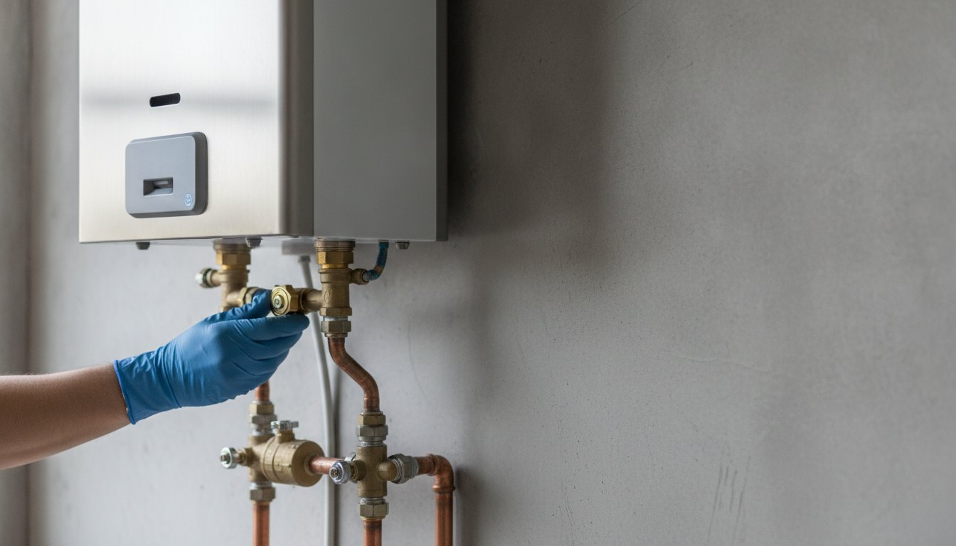Técnico com luvas ajustando as válvulas de um aquecedor a gás instalado na parede.