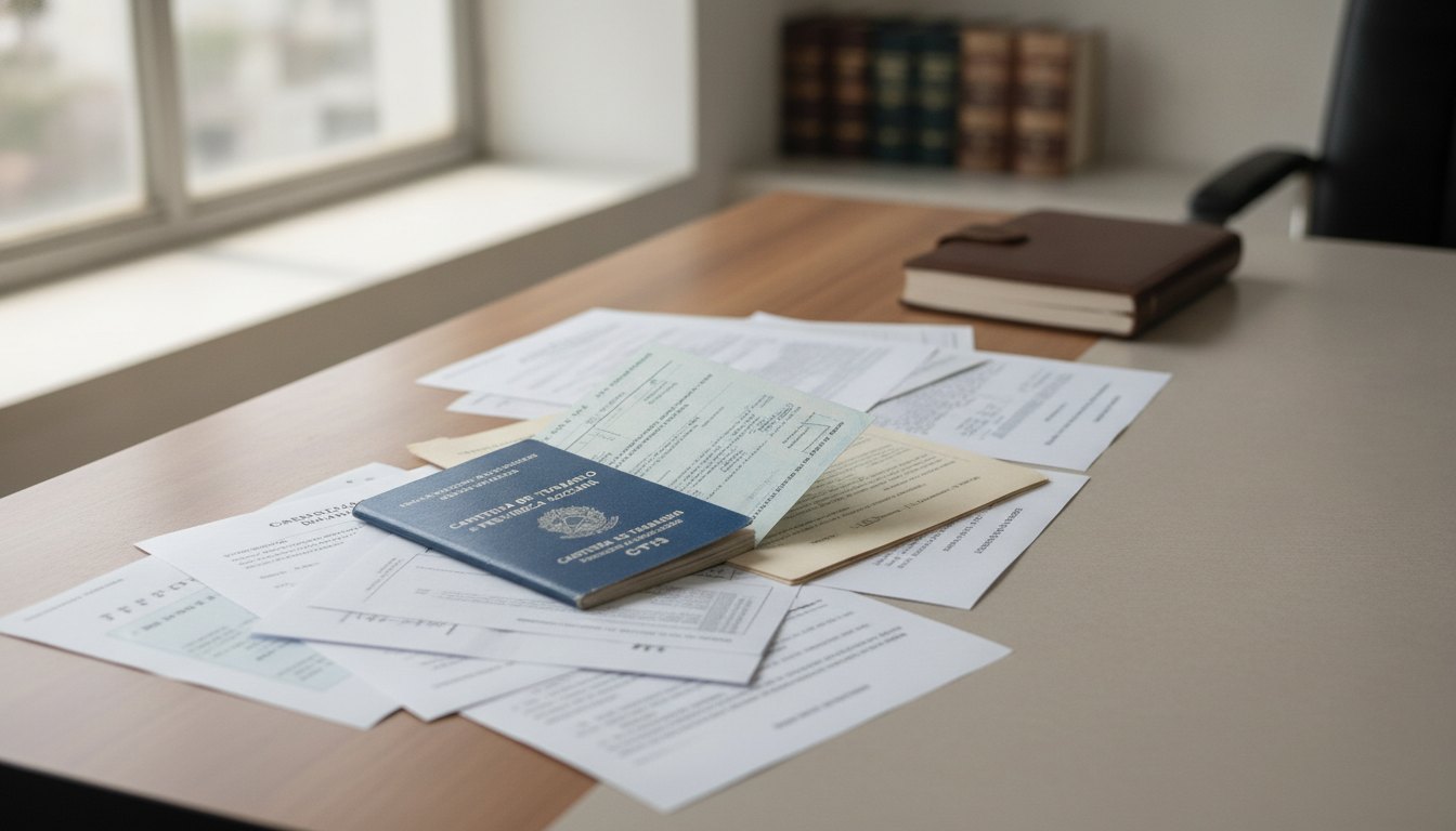 Documentos médicos e carteira de trabalho espalhados sobre uma mesa de escritório.