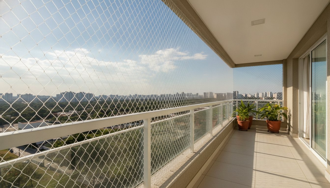 Rede de proteção instalada em uma sacada com vista para um céu ensolarado.