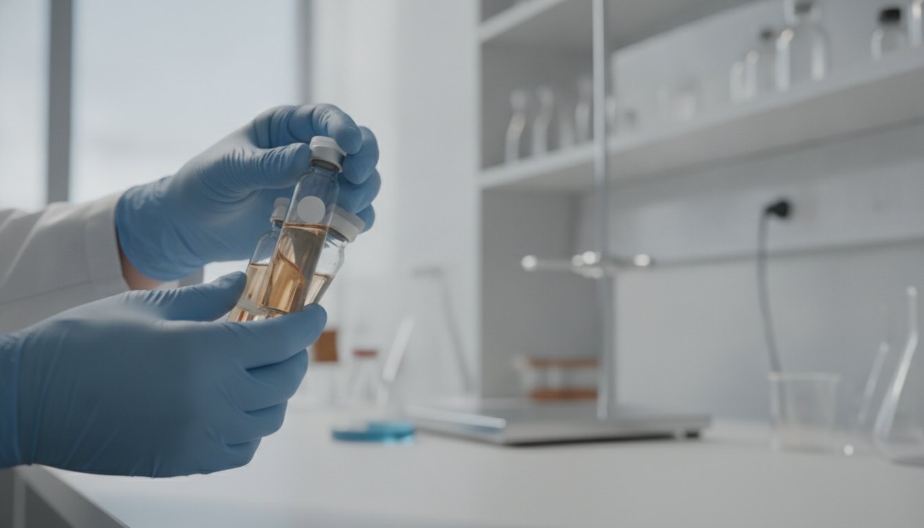 Profissional de saúde com luvas manuseando frascos transparentes de coleta de amostras em um laboratório.