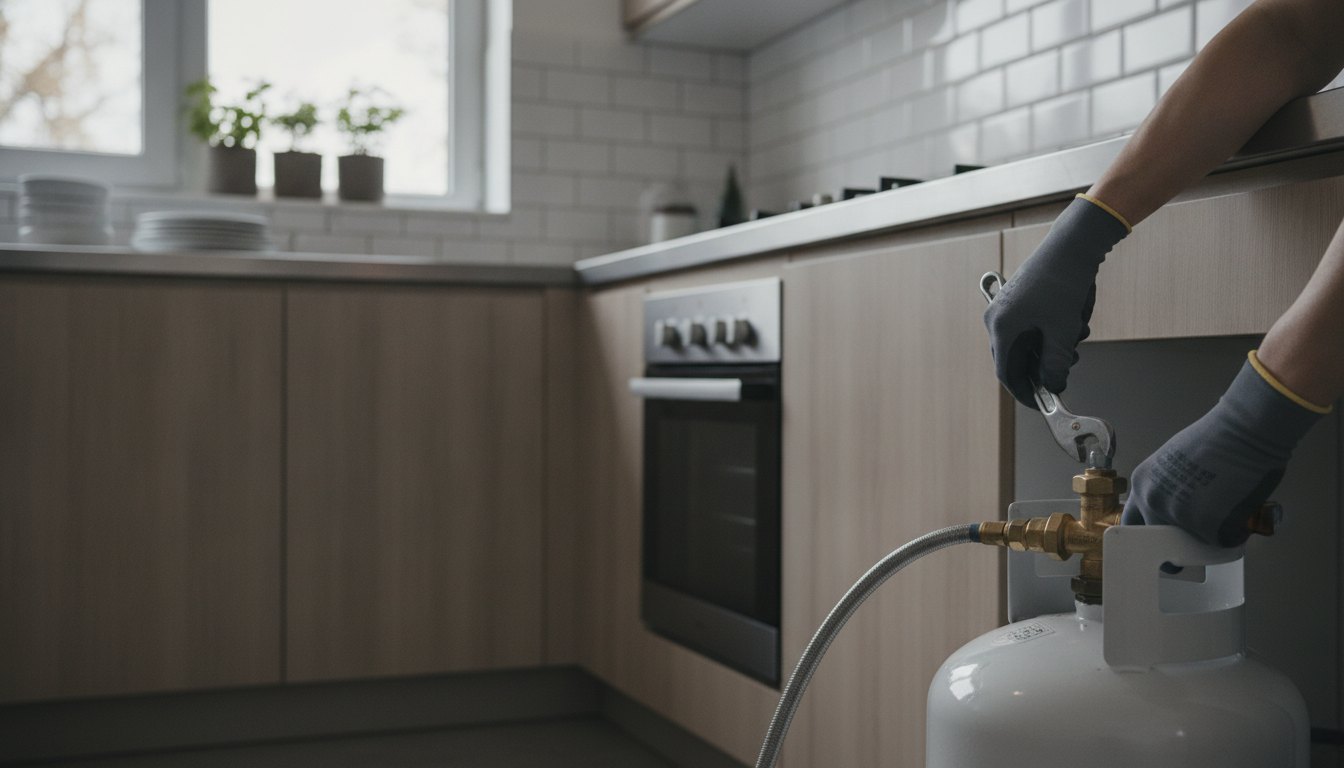 Técnico especializado utilizando ferramentas para ajustar a válvula de um botijão de gás na cozinha.
