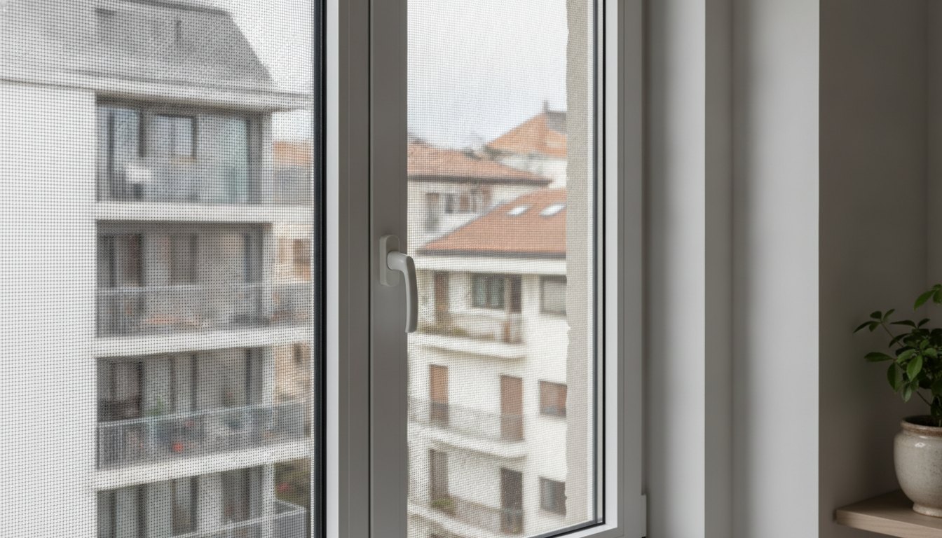 Janela de apartamento com tela de proteção recém-instalada, com vista para prédios residenciais ao fundo.