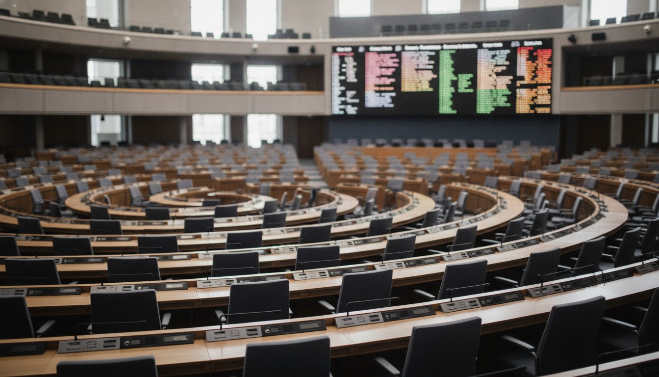 plenário cheio com parlamentares sentados e painel eletrônico de votação aceso ao fundo