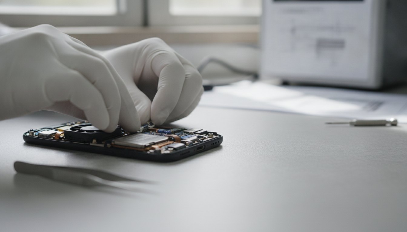 Técnico com luvas inspeciona o interior de um smartphone aberto sobre uma bancada de manutenção.