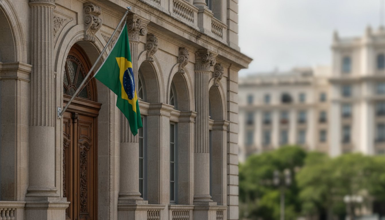Fachada de um edifício clássico com a bandeira do Brasil hasteada na entrada principal.