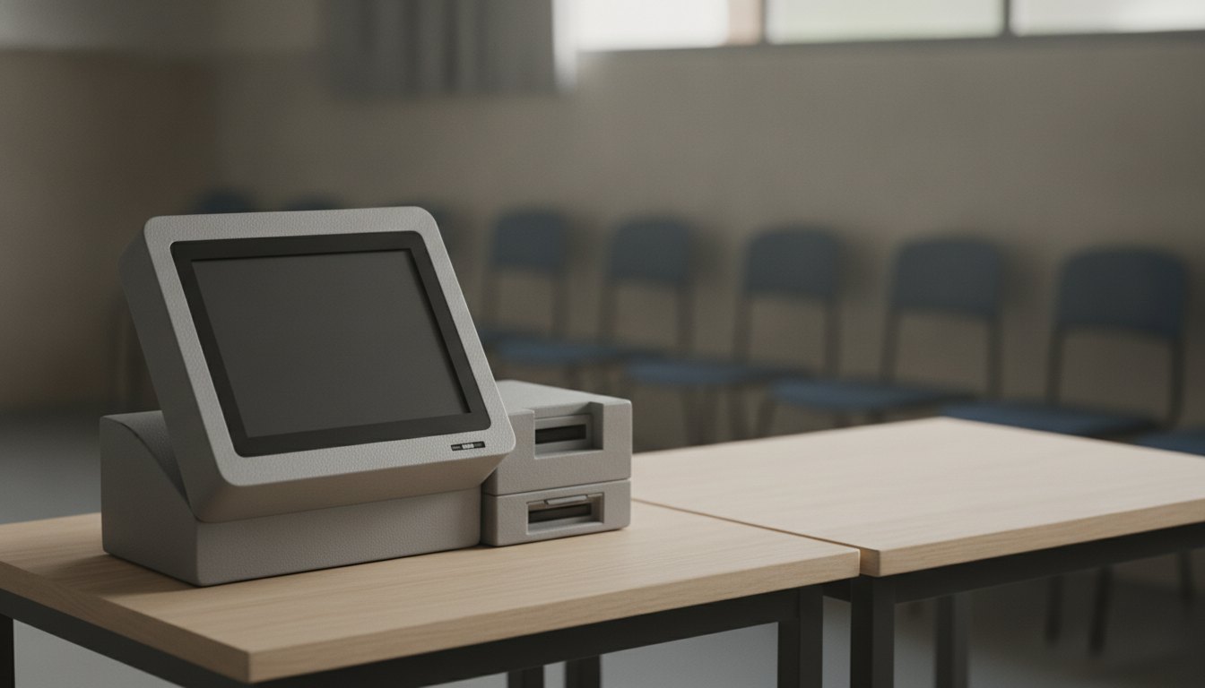 urna eletrônica brasileira posicionada sobre uma mesa de votação durante o período de eleições oficiais