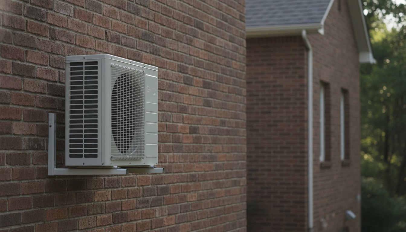 Unidade condensadora de ar-condicionado instalada na parede externa de uma residência com tijolos aparentes.