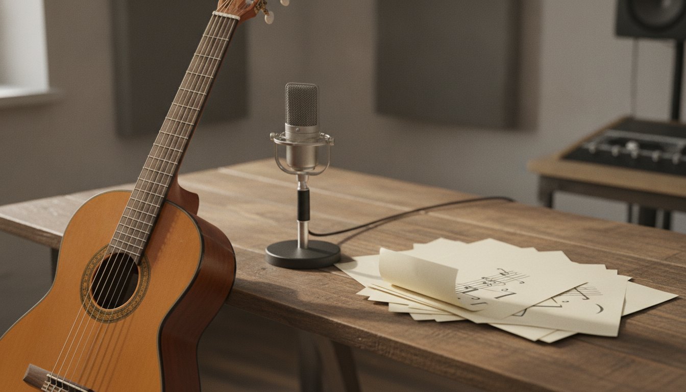 Um violão apoiado em uma mesa de estúdio ao lado de um microfone e folhas impressas.