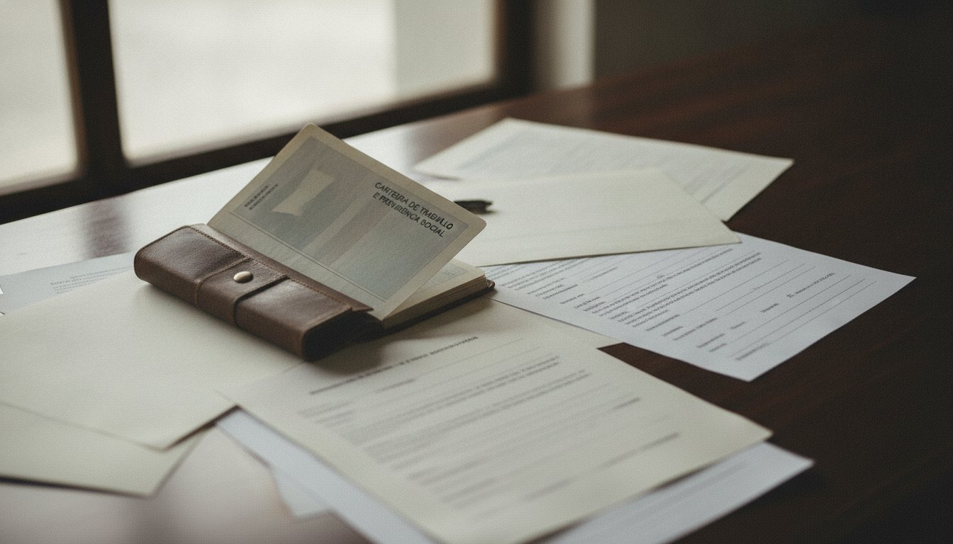 Documentos legais, carteira de trabalho e formulários espalhados sobre uma mesa de madeira escura.