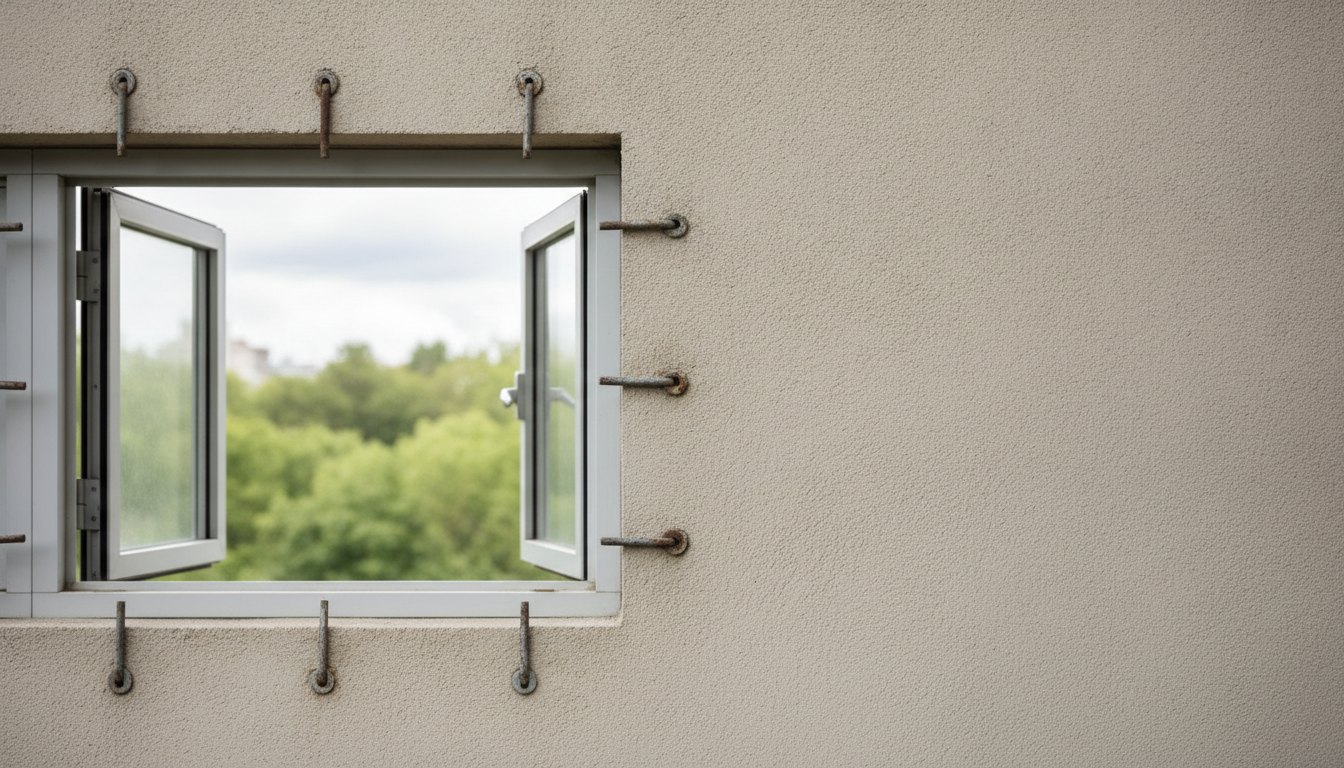 Janela de apartamento com ganchos metálicos fixados na alvenaria ao redor da esquadria de alumínio.
