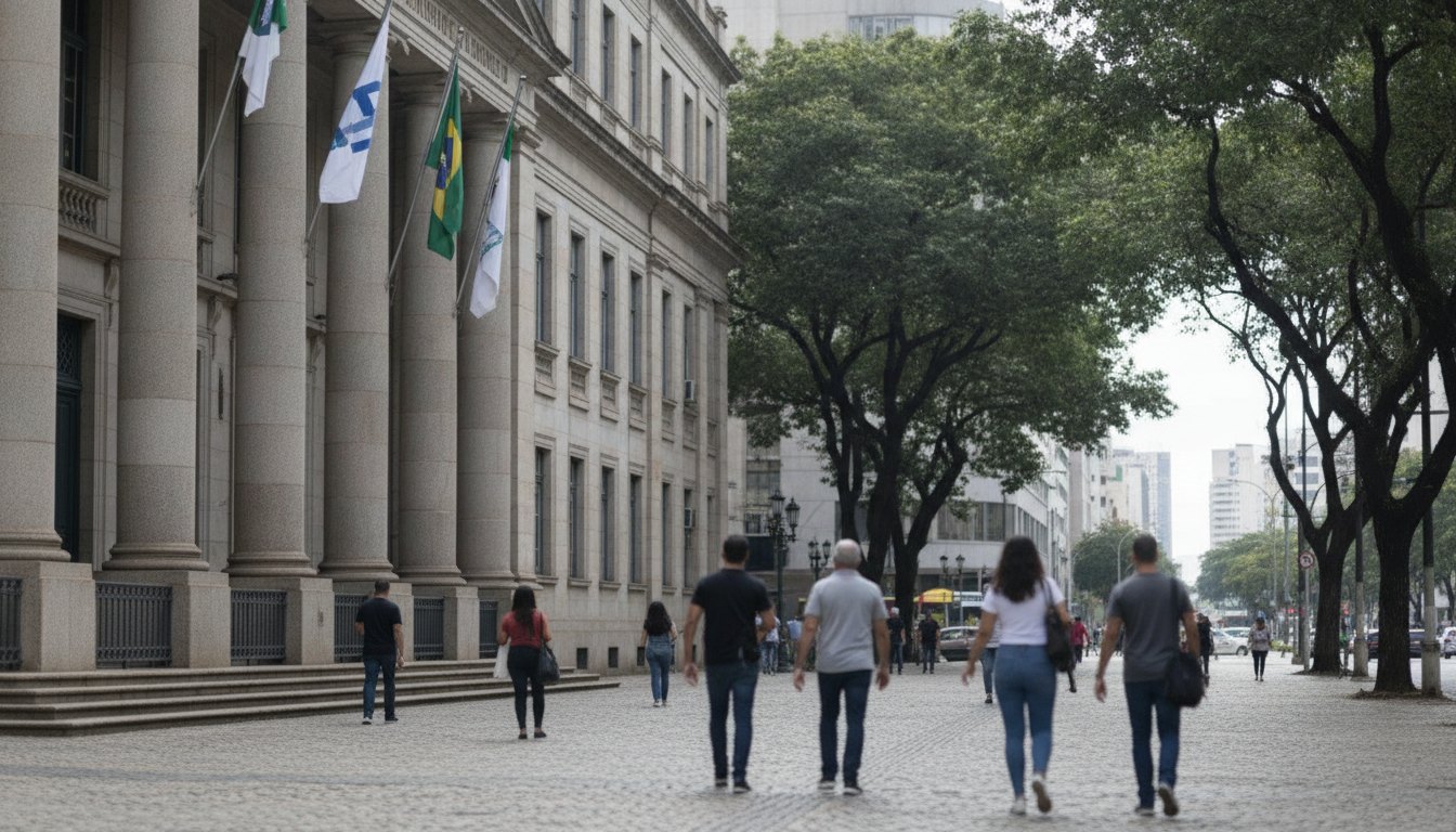 Fachada de um prédio público municipal com bandeiras hasteadas e pessoas caminhando na calçada.