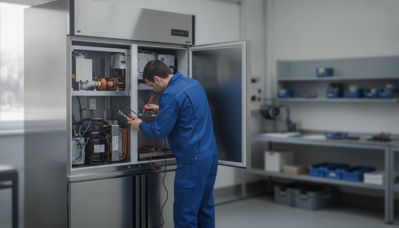 Técnico de uniforme azul inspeciona o motor de uma geladeira com ferramentas em mãos.
