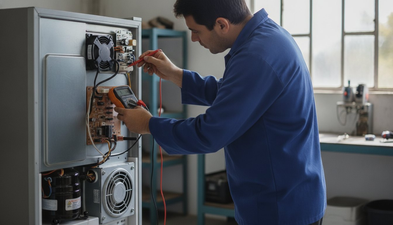 Técnico com camisa azul usando multímetro para medir componentes no painel traseiro de uma geladeira.