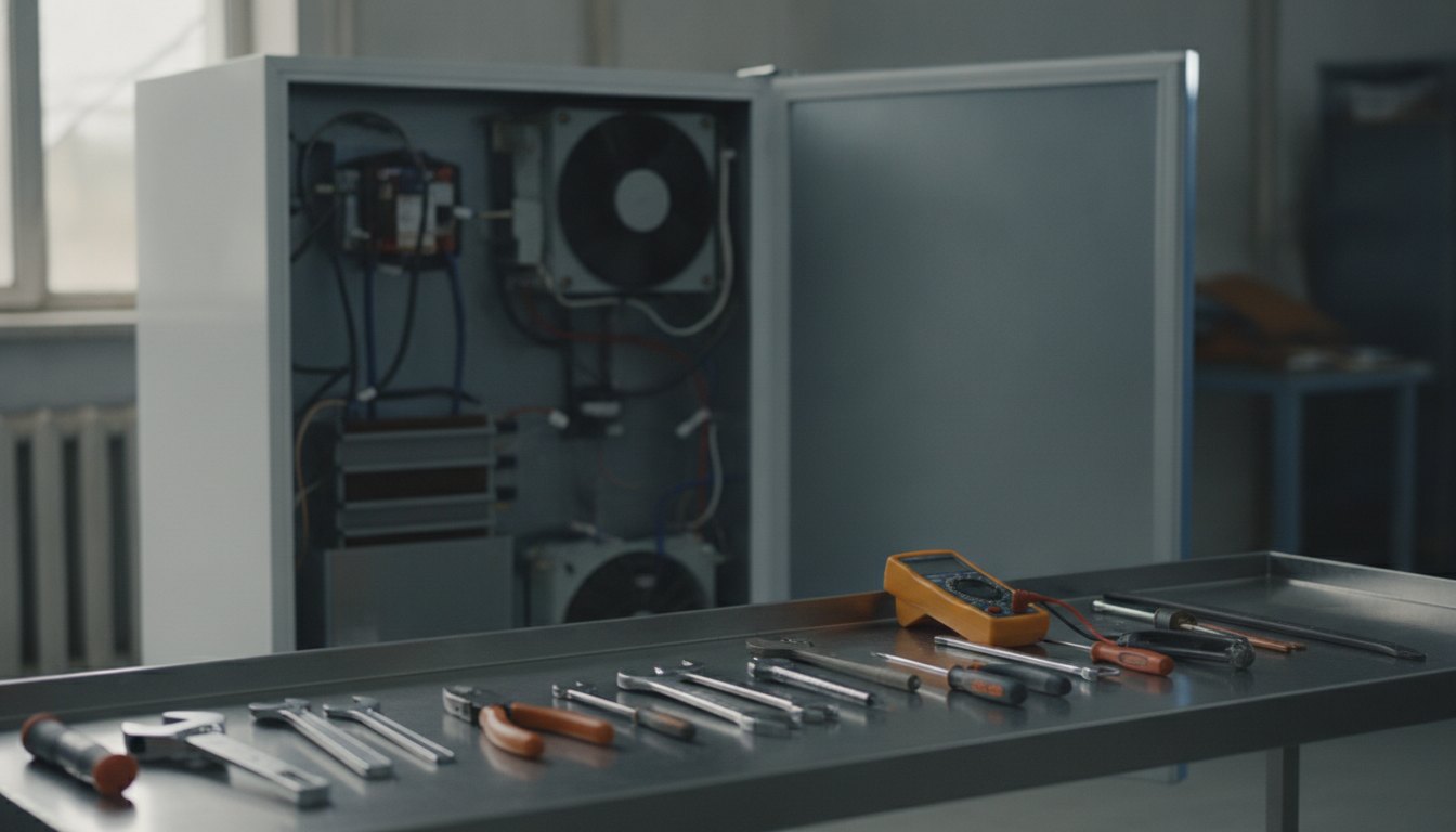 Técnico inspecionando a parte interna de um refrigerador com ferramentas manuais sobre a bancada.