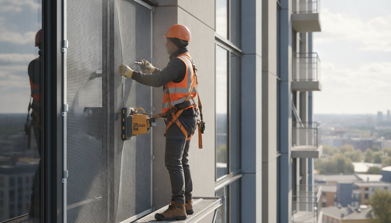 Profissional com equipamento de segurança fixando uma tela de proteção na janela de um apartamento.