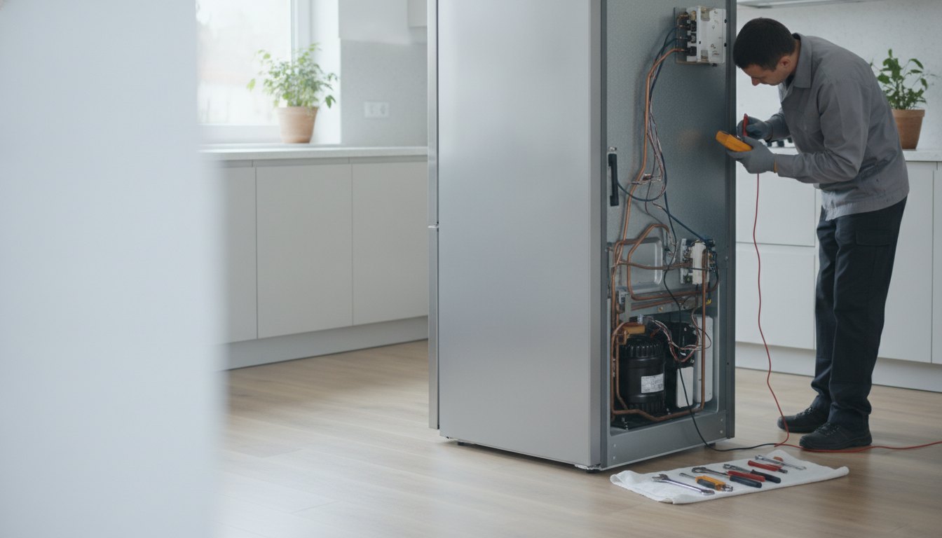 Homem com ferramentas inspecionando a parte traseira de um refrigerador em uma cozinha clara.