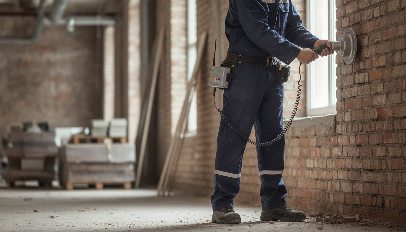 Profissional com uniforme de trabalho utilizando aparelho de detecção acústica em uma parede de alvenaria.