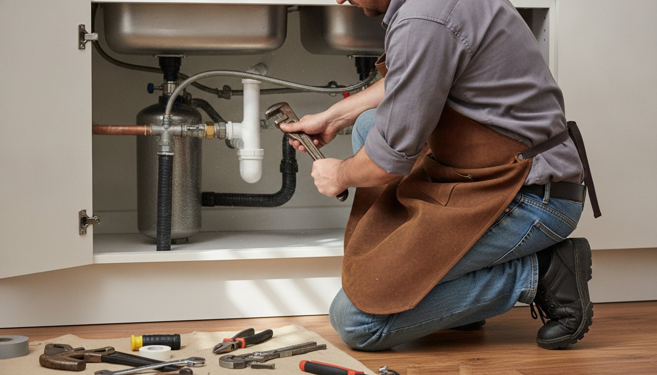 Pessoa ajustando uma tubulação metálica debaixo de uma pia de cozinha com uma chave inglesa.