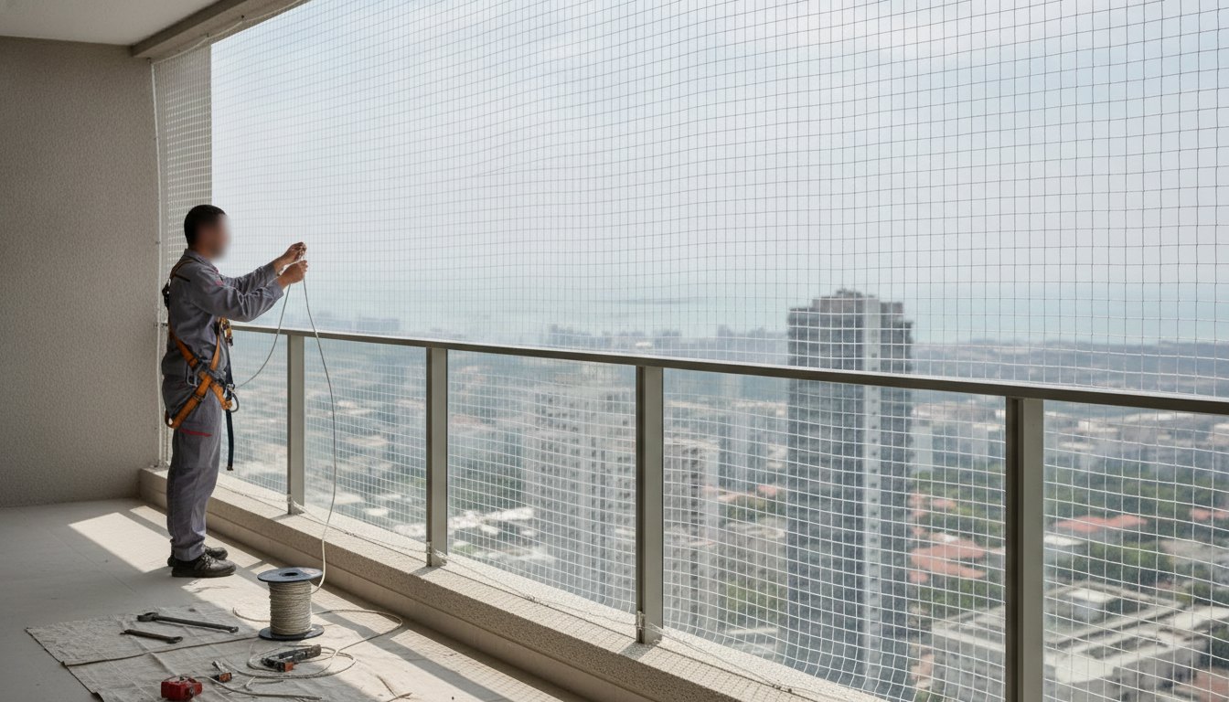 Profissional ajustando a corda perimetral de uma malha de segurança instalada em uma varanda residencial alta.