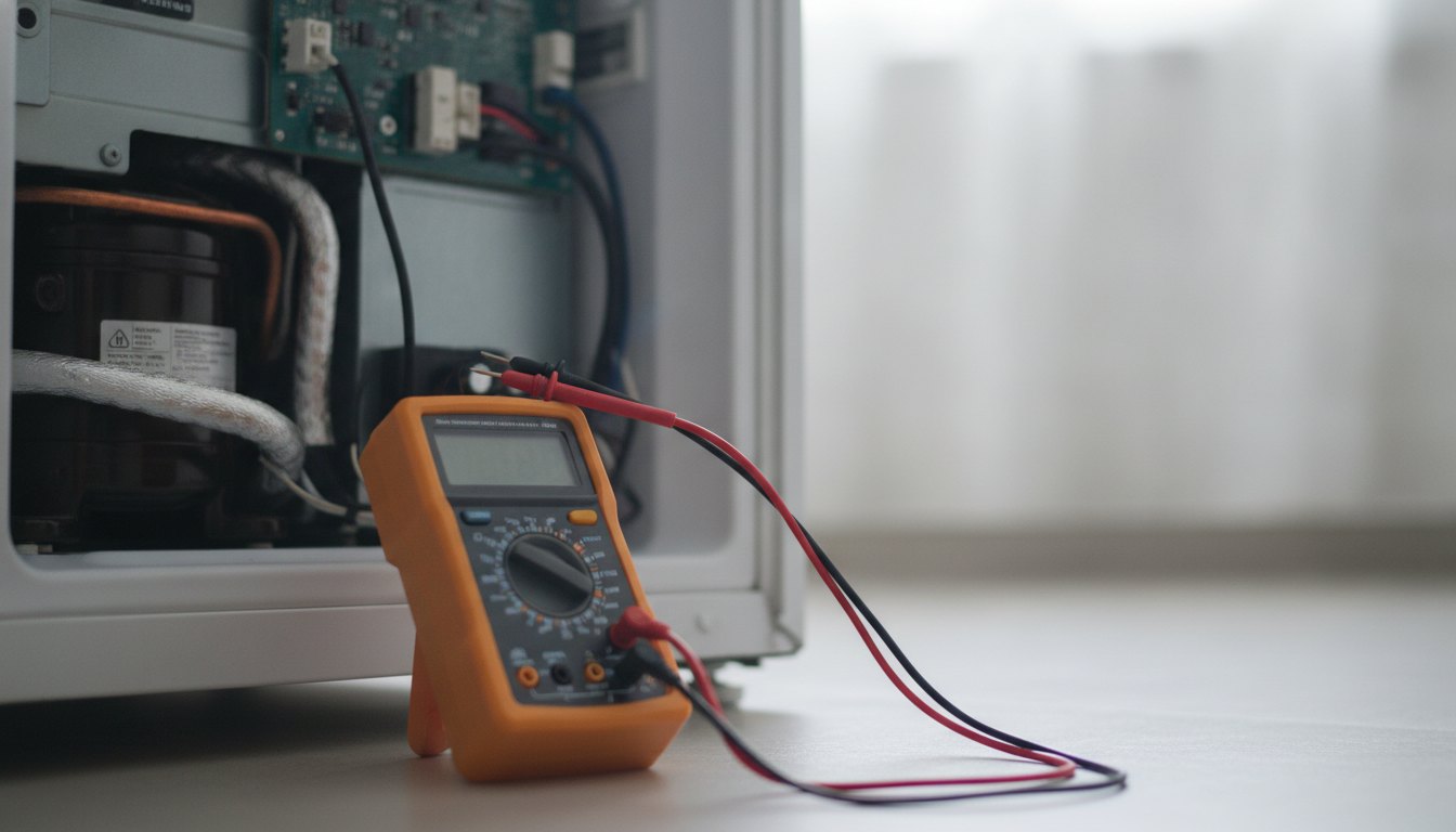 Técnico com multímetro mede a corrente elétrica no painel traseiro de um refrigerador doméstico.