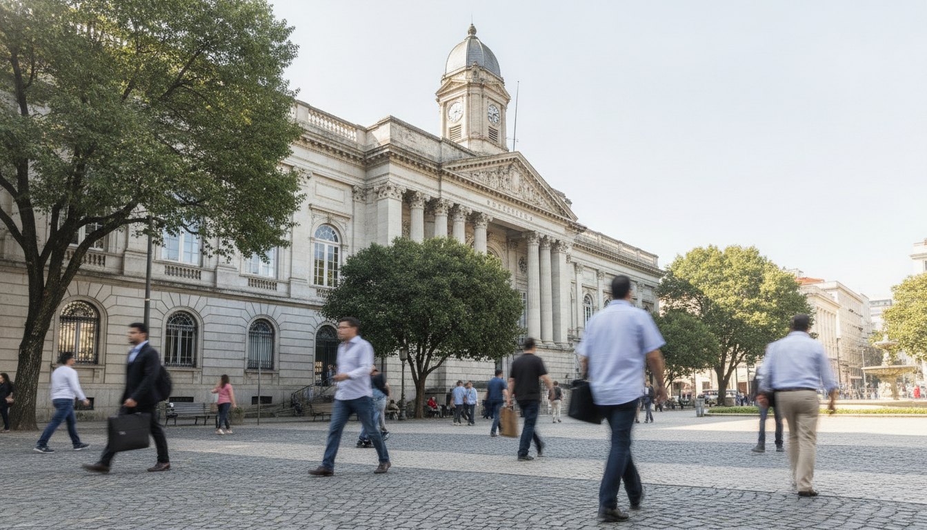 Fachada de uma prefeitura com pessoas caminhando na calçada durante o dia.