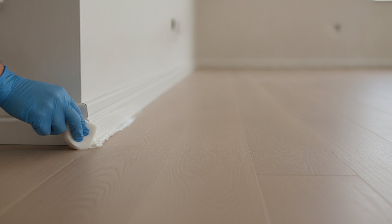 Profissional com luvas aplicando produto em rodapé de uma sala vazia com piso de madeira.
