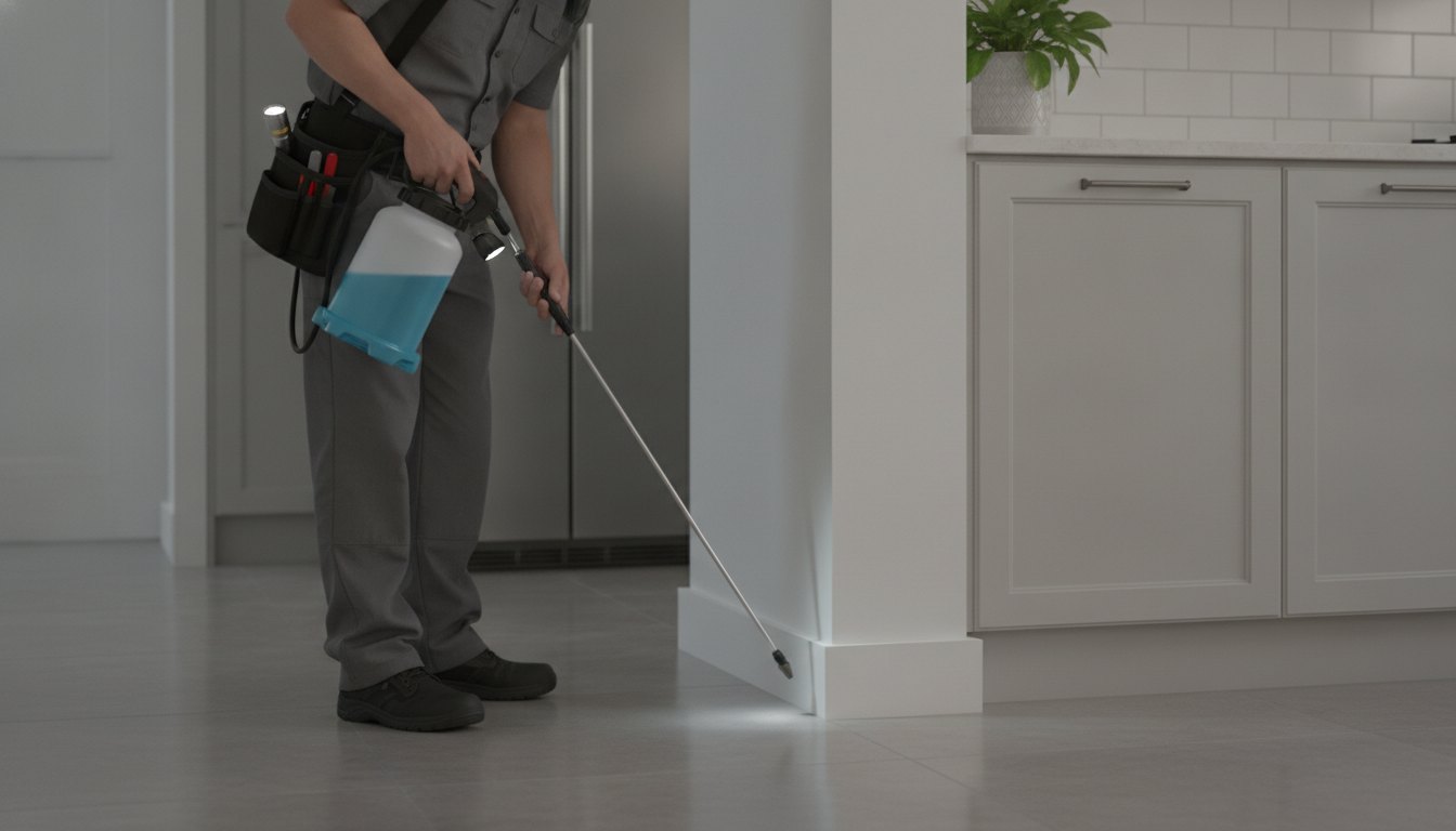 Profissional com equipamento de pulverização inspecionando o rodapé de uma cozinha residencial.
