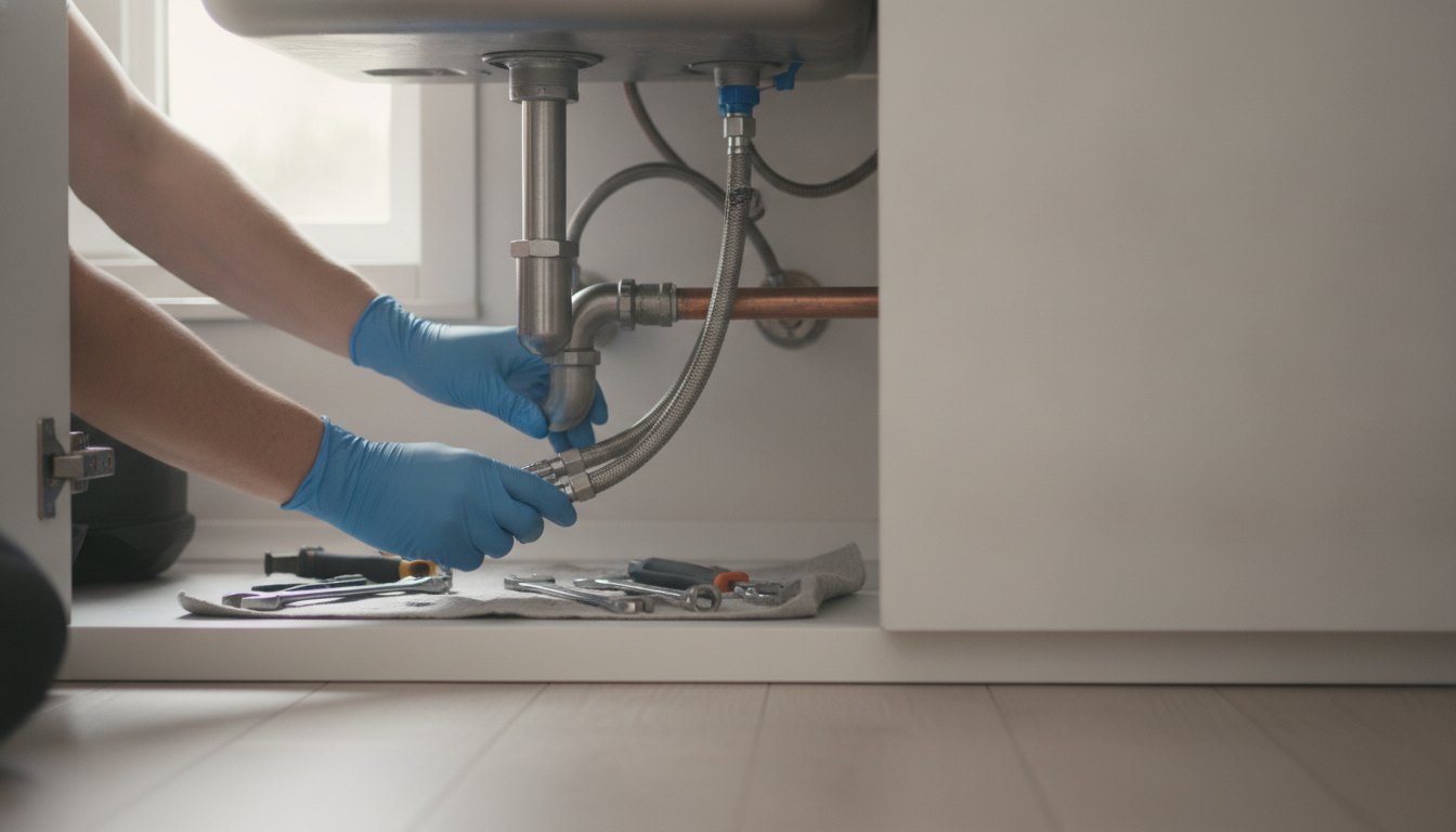 Profissional com luvas ajustando a tubulação de água sob uma pia de cozinha.