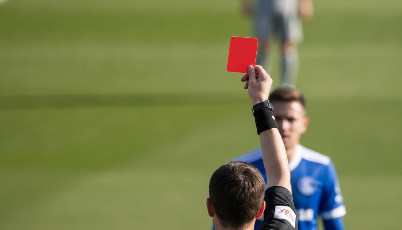 Árbitro de futebol ergue um cartão vermelho em direção a um jogador durante uma partida.