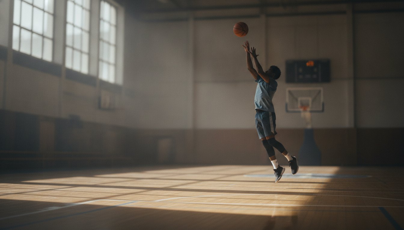 Jogador de basquete no ar prestes a arremessar a bola em direção ao aro na quadra.