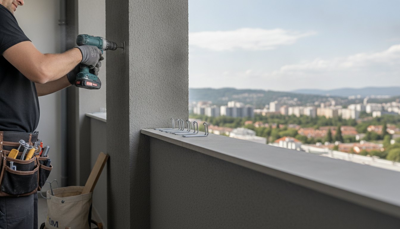 Profissional com furadeira instalando ganchos metálicos na parede lateral de uma varanda residencial com vista livre.