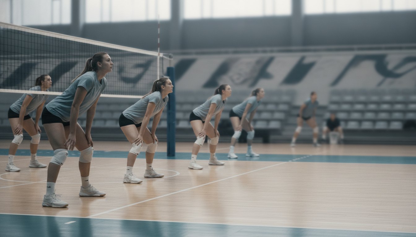 Jogadores de vôlei posicionados em quadra aguardando o saque adversário durante uma partida oficial.