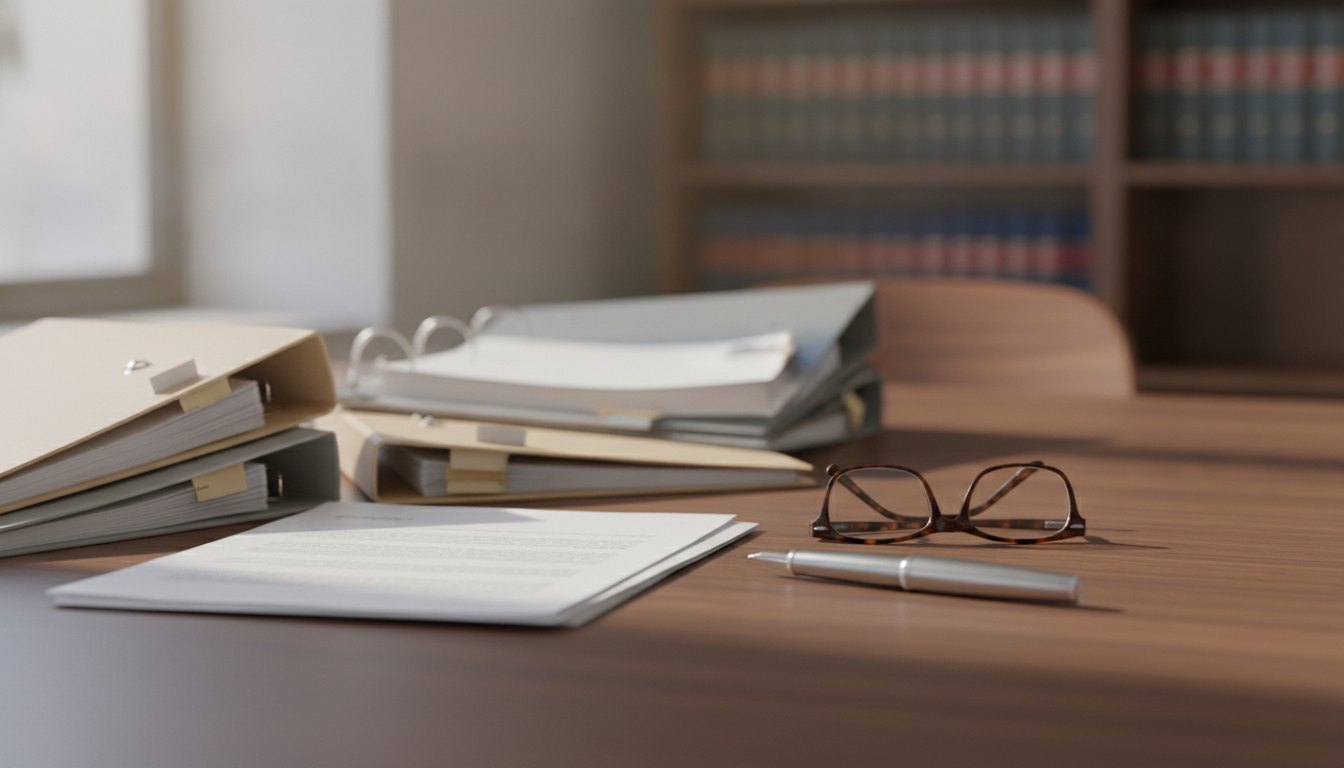Documentos e pastas organizados sobre uma mesa de escritório ao lado de caneta e óculos.
