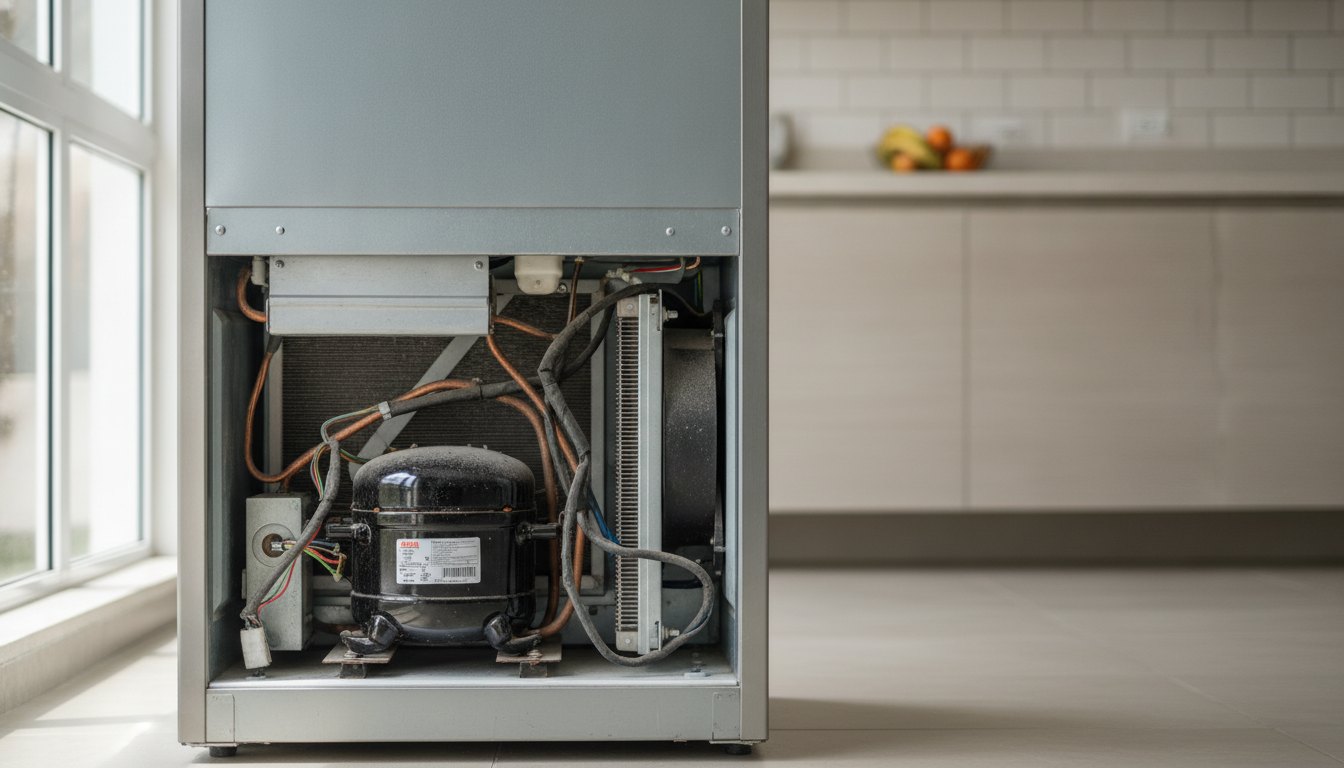 Geladeira de inox em cozinha residencial sendo inspecionada na parte traseira próxima ao motor.