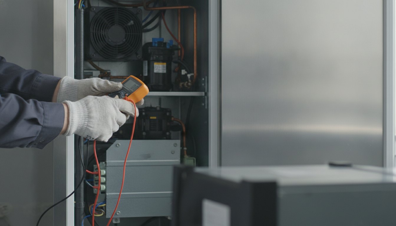 Técnico com luvas segurando um multímetro próximo à parte traseira de um refrigerador metálico aberto.