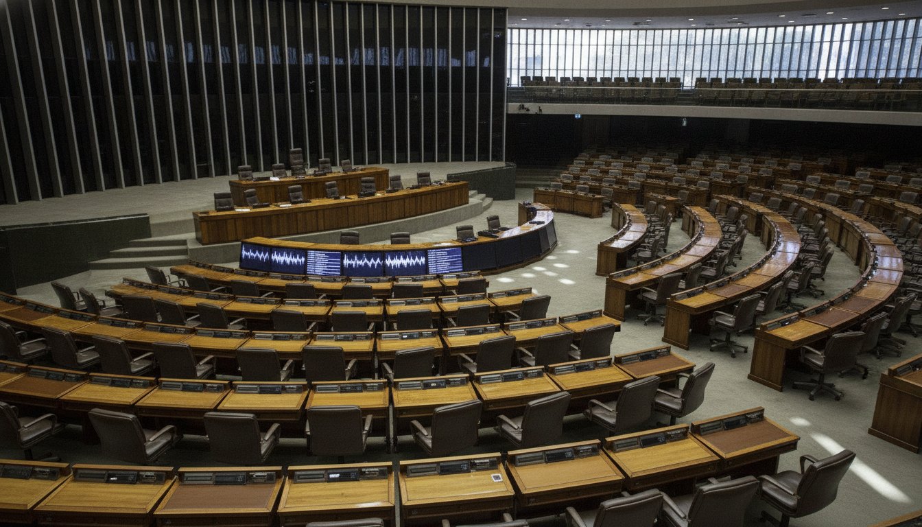 Plenário do Congresso Nacional com parlamentares sentados em suas mesas durante uma sessão de votação.